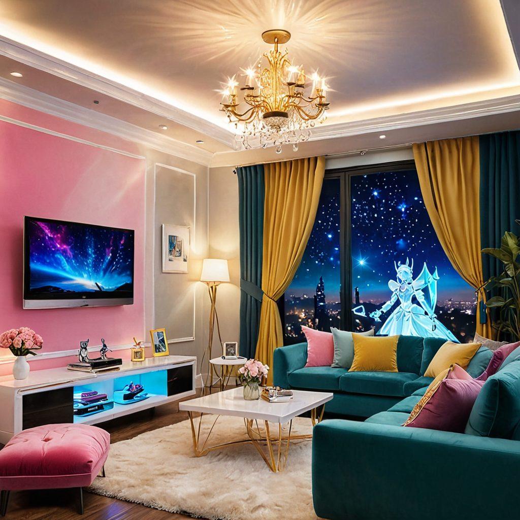 A whimsical television set radiating colorful waves of light, surrounded by enchanting characters from various genres: a fairy tale princess, a heroic knight, and a sci-fi robot, all eager to tell their stories. Include vivid pop culture elements, sparkling stars, and a cozy living room setting with plush cushions. This visually captivating scene conveys the essence of charming entertainment waiting to be explored. super-realistic. vibrant colors. 3D.