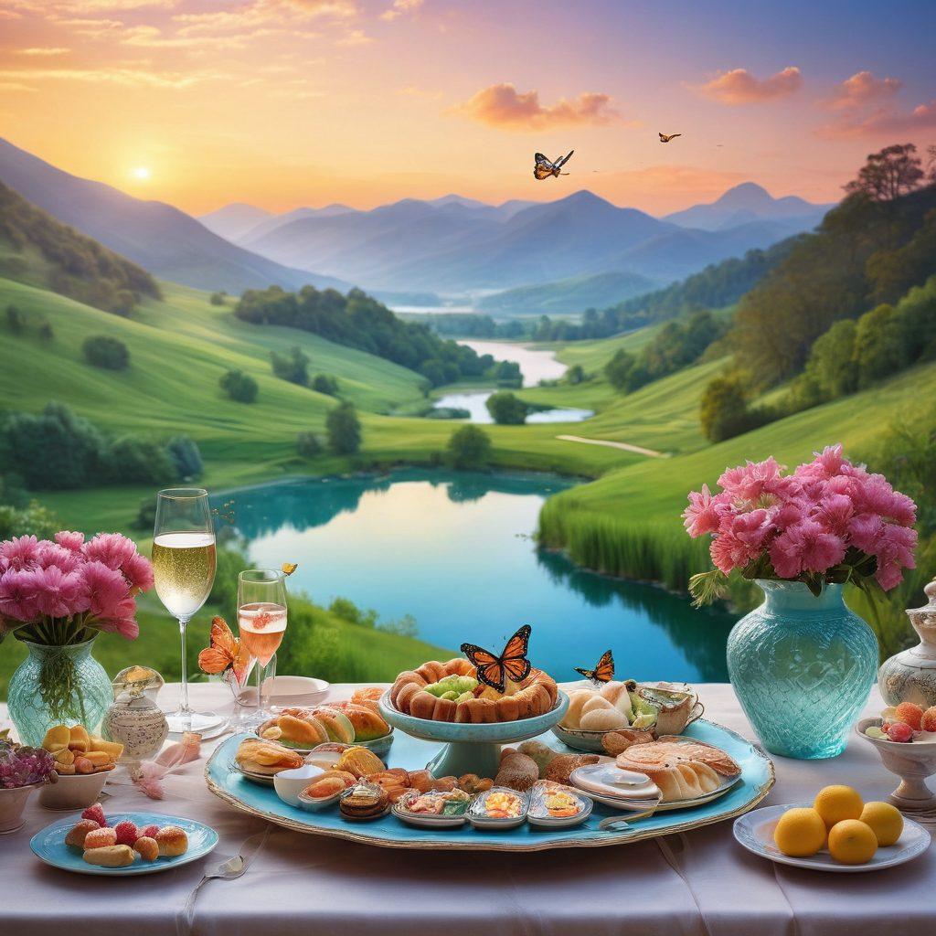 A mesmerizing collage of stunning visuals showcasing various forms of content including elegant food platters, breathtaking landscapes, and artistic home decor. Soft pastel colors blend seamlessly in a dreamy atmosphere, with a touch of sparkle to enhance the aesthetic appeal. Include whimsical elements like butterflies and flowers to add a magical feel. super-realistic. vibrant colors. soft focus.
