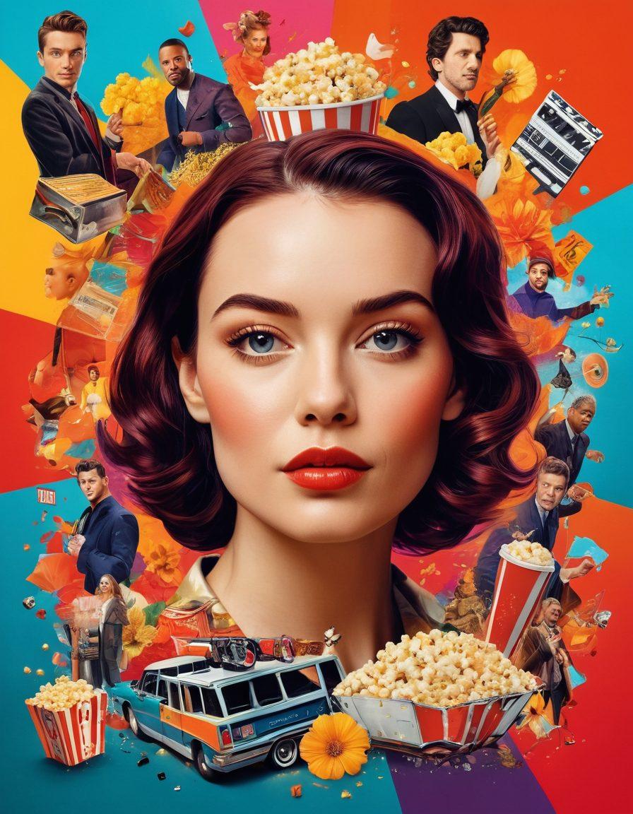 A visually captivating collage of charismatic characters from various stunning shows and gorgeous series, set against a vibrant, abstract background that symbolizes creativity and entertainment. Include elements like a film reel, popcorn, and colorful show posters scattered throughout the scene. The characters should represent diverse genres and styles, exuding charm and intrigue. super-realistic. vibrant colors. dynamic composition.